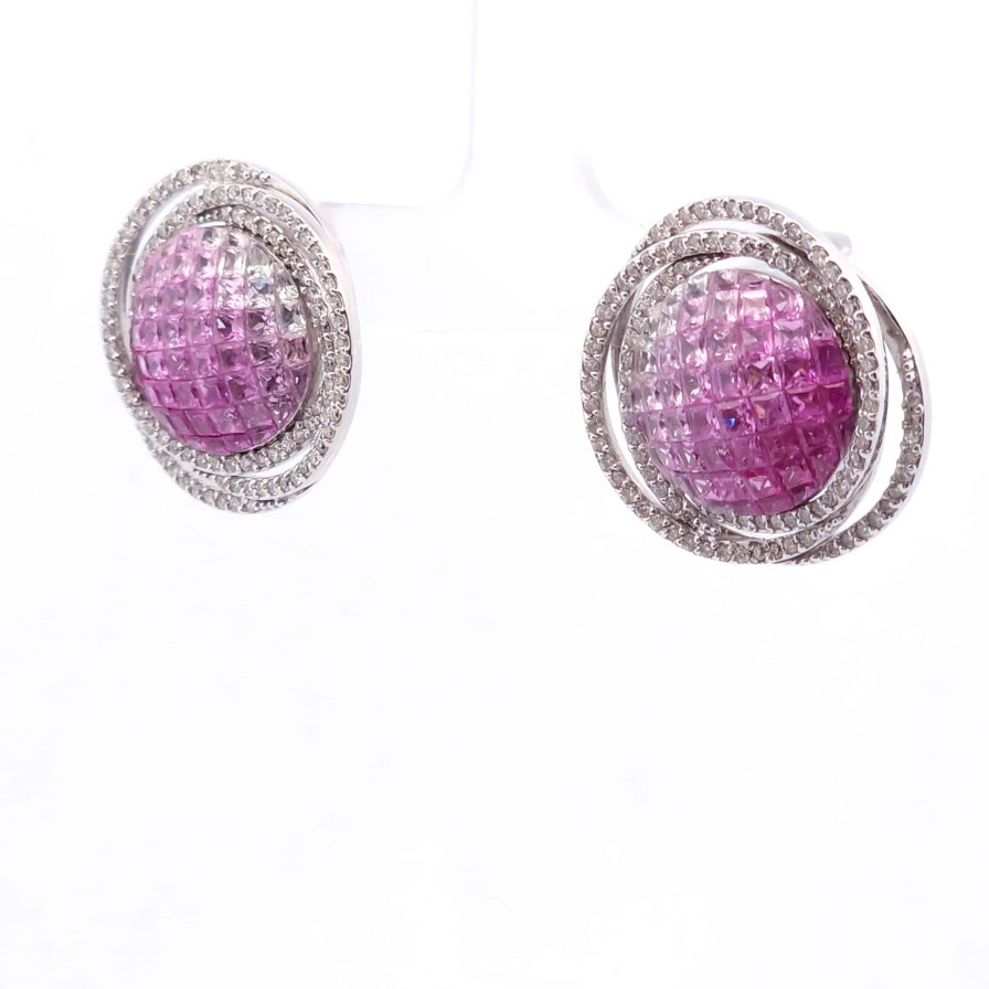 Gemstone Birthday Jewelry The Jewelry Exchange | 6 1/2 Carat Pink Sapphire Saturn Earrings In 18K Gold White