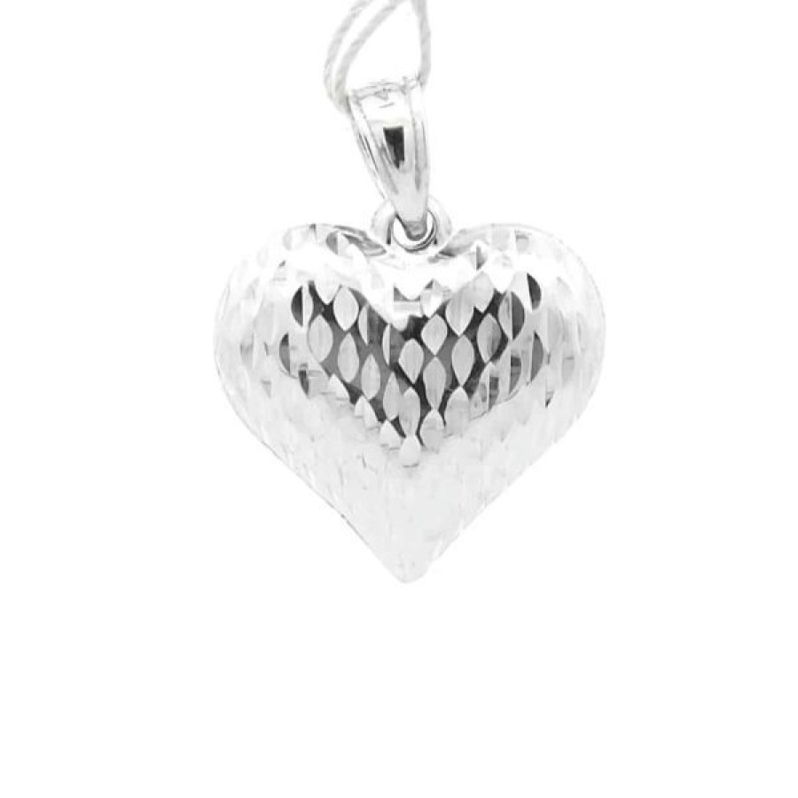 Gold Jewelry The Jewelry Exchange | Diamond-Cut Heart Charm In 14K White Gold