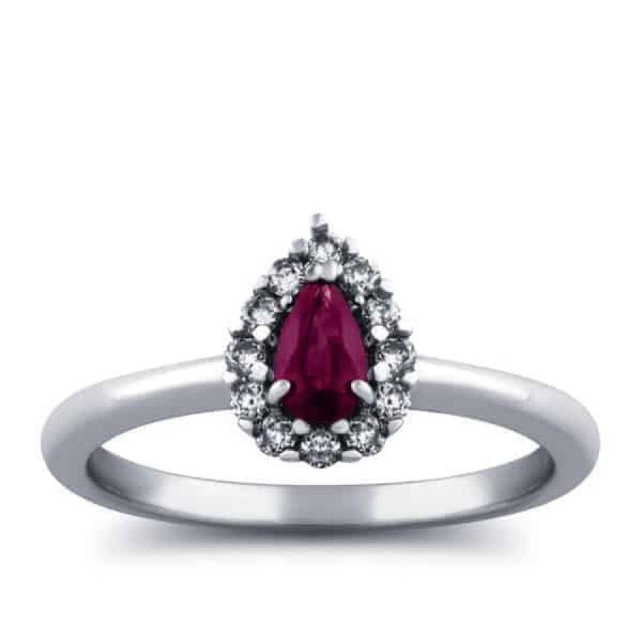 Gemstone Birthday Jewelry The Jewelry Exchange | 1/3 Carat Diamond - Ruby Pear Halo Ring In 10K Gold