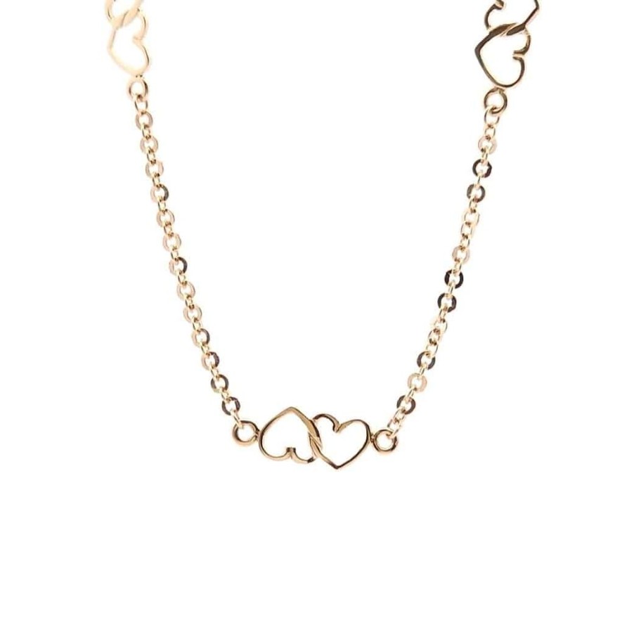 Gold Jewelry The Jewelry Exchange | 9" Heart Anklet In 14K Yellow Gold White