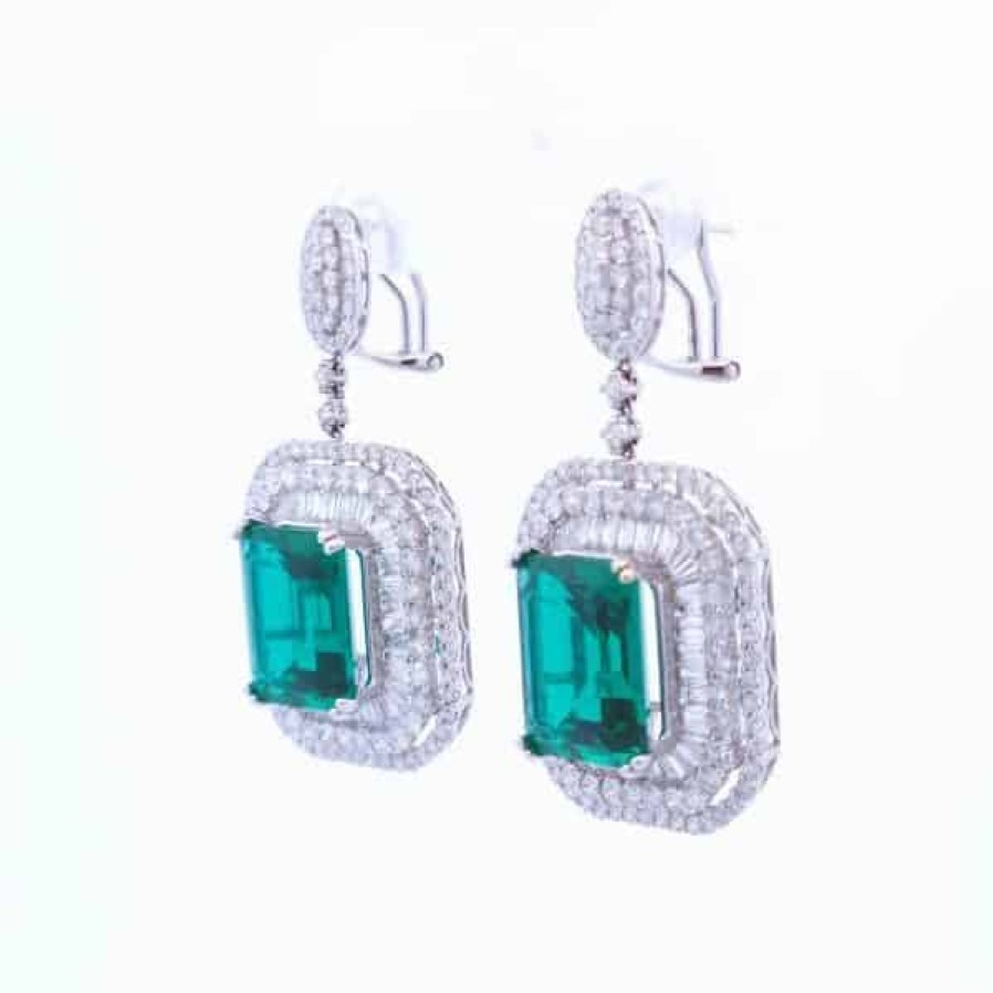 Gemstone Birthday Jewelry The Jewelry Exchange | 16 1/2 Carat Lab Emerald Earrings In 18K Gold White